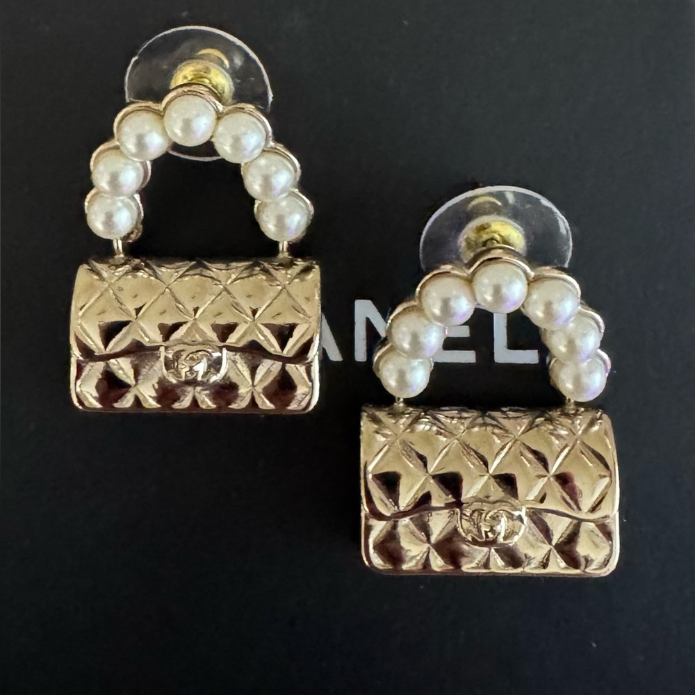 CHANEL Purse Drop Gold Tone & Pearl Earrings - Picture 2 of 5